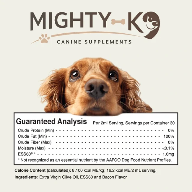 The Mighty K9 Guaranteed Analysis panel: brand logo, a spaniel photo, then crude protein 0%, crude fat 100%, crude fiber 0%, moisture under 0.1%, ESS60 1.6 mg per 2 mL, 16.2 kcal per serving and the ingredient line