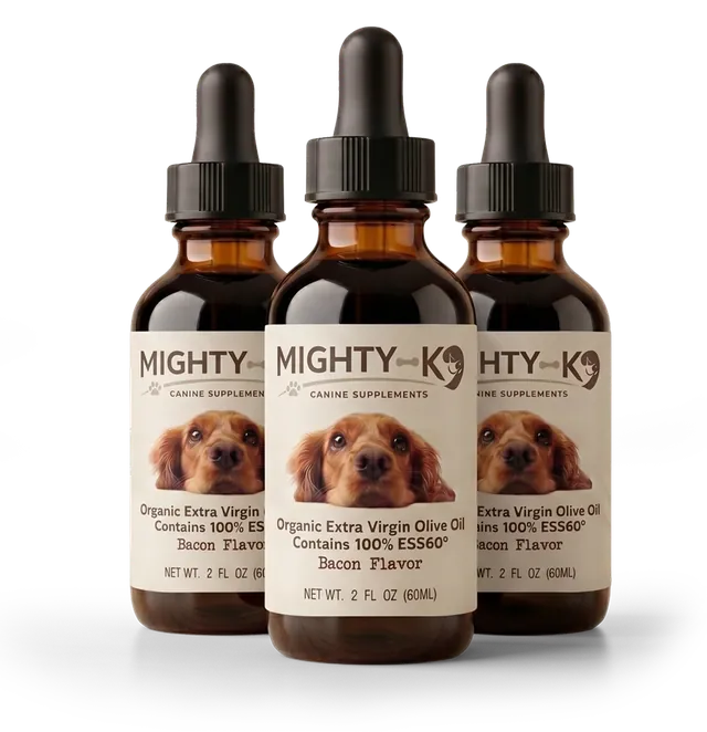 3 amber dropper bottles of Mighty K9, 60 mL each