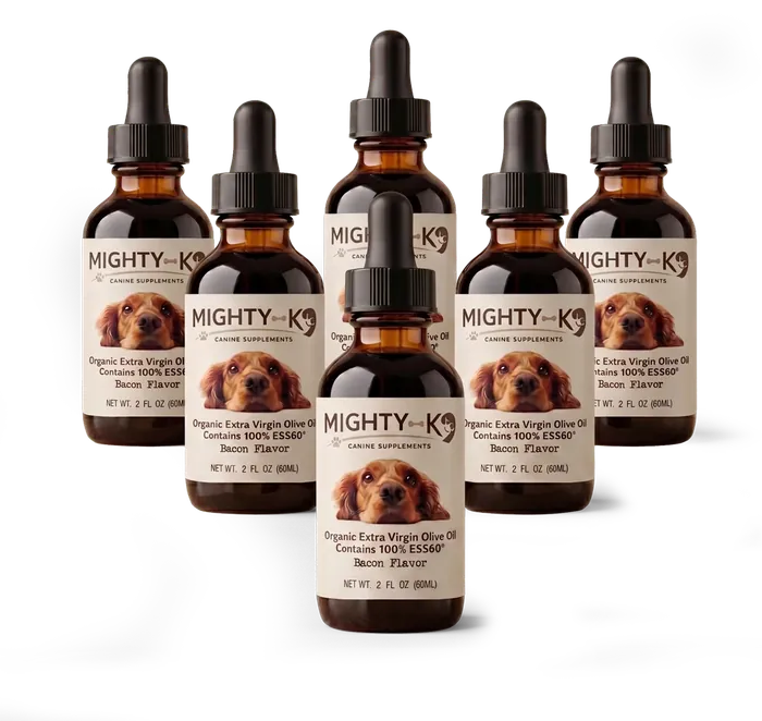 6 amber dropper bottles of Mighty K9, 60 mL each