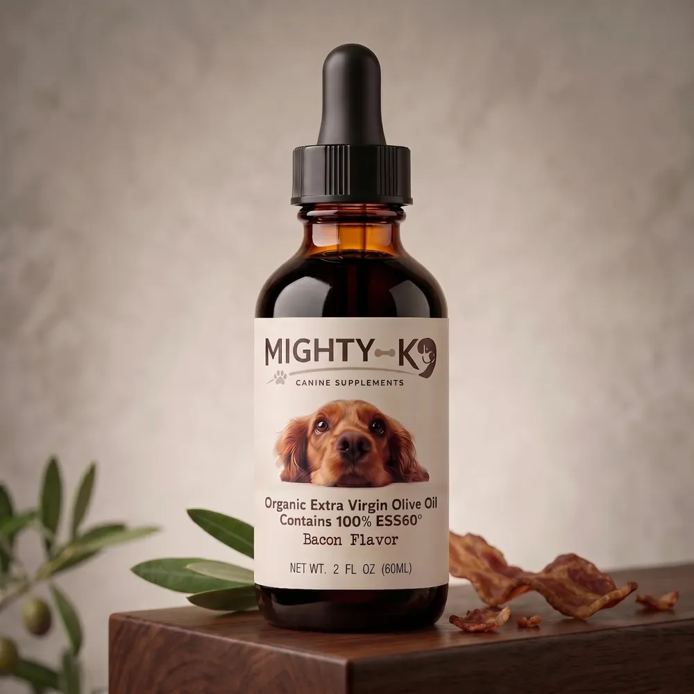 A Mighty K9 amber dropper bottle on a wooden block beside an olive branch and strips of bacon