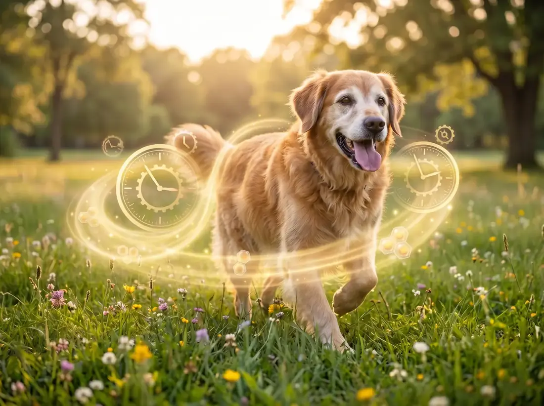 An older golden retriever walking through a meadow, with glowing clocks and gears around it