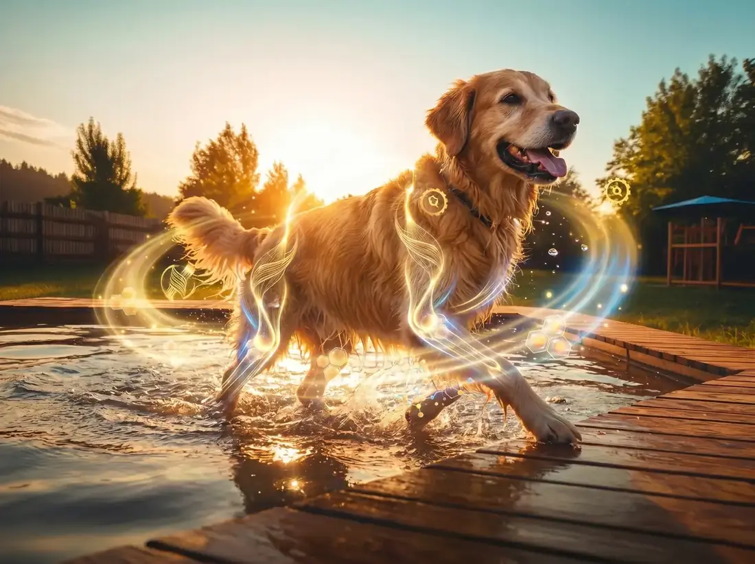 A golden retriever splashing through shallow water at sunset, with glowing lines drawn around its legs