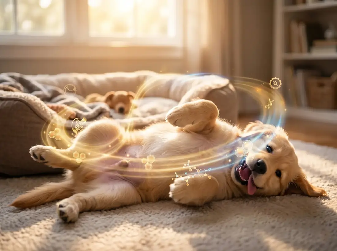 A golden puppy rolling on its back on a rug in a sunny living room, with glowing swirls around it