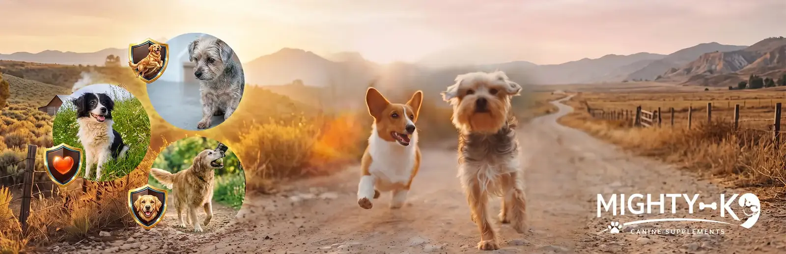 Two small dogs running down a dusty trail at sunset beside round photos of other dogs and the Mighty K9 logo