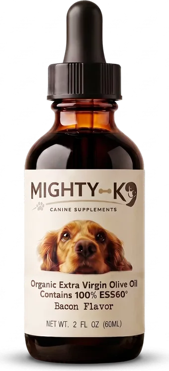 An amber dropper bottle of Mighty K9 with a black dropper and a cream label
