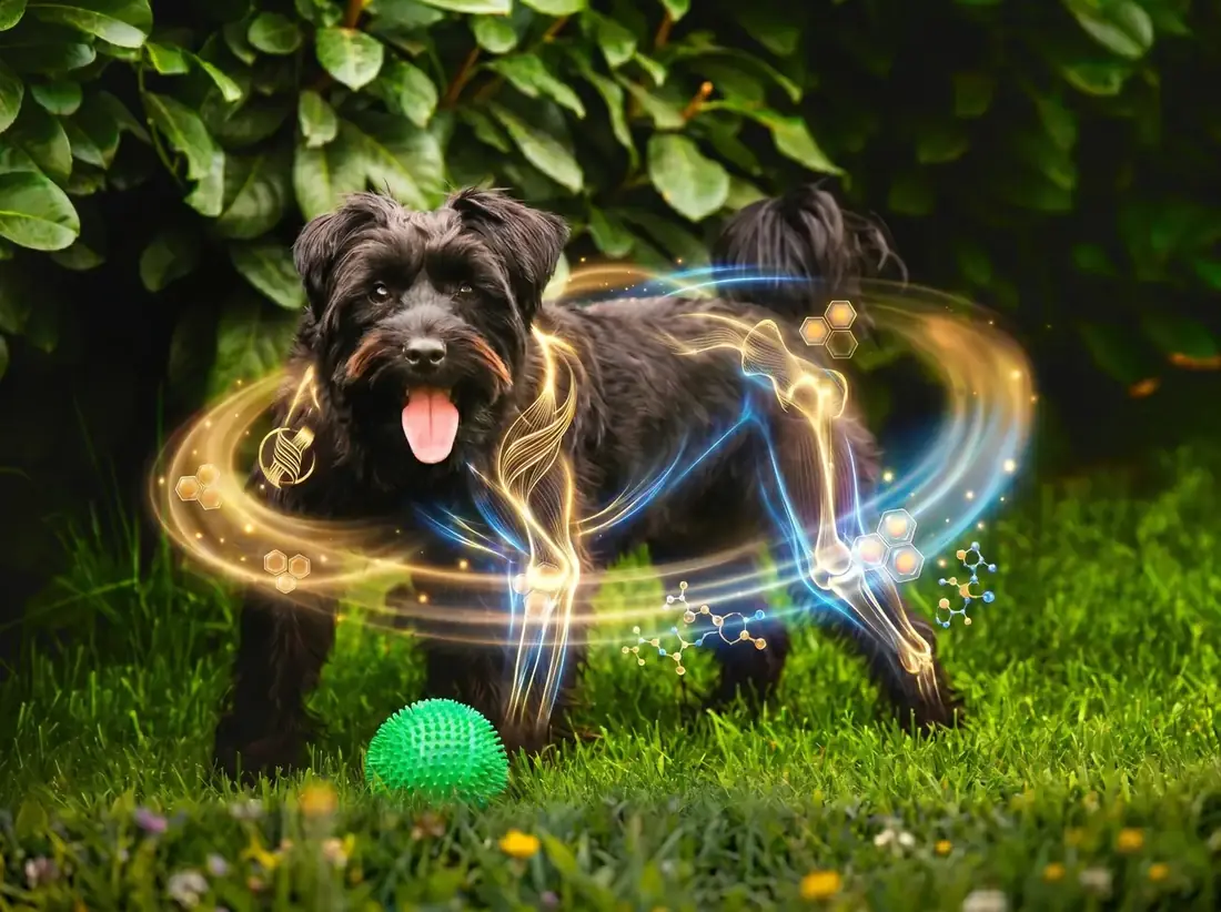 A black terrier standing on grass beside a green ball, with glowing bones and joints drawn over its legs