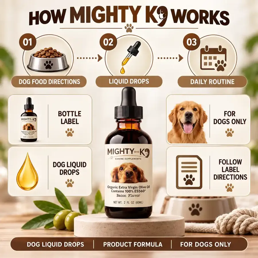 Brand graphic titled How Mighty K9 Works: 01 dog food directions, 02 liquid drops, 03 daily routine, with the bottle in the center