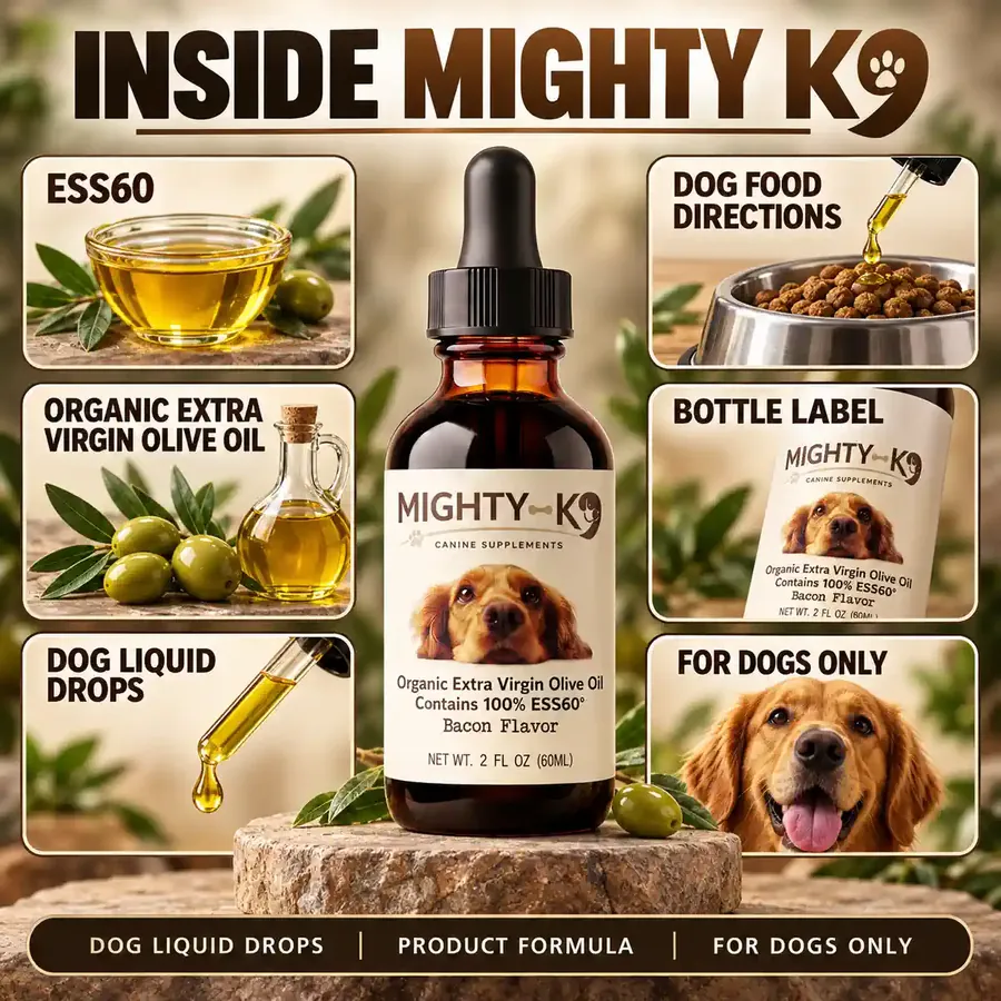 Brand graphic titled Inside Mighty K9: tiles for ESS60, organic extra virgin olive oil, dog liquid drops, dog food directions, bottle label and for dogs only