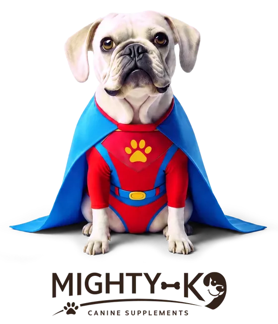 The Mighty K9 brand mascot, a white bulldog in a red suit and a blue cape