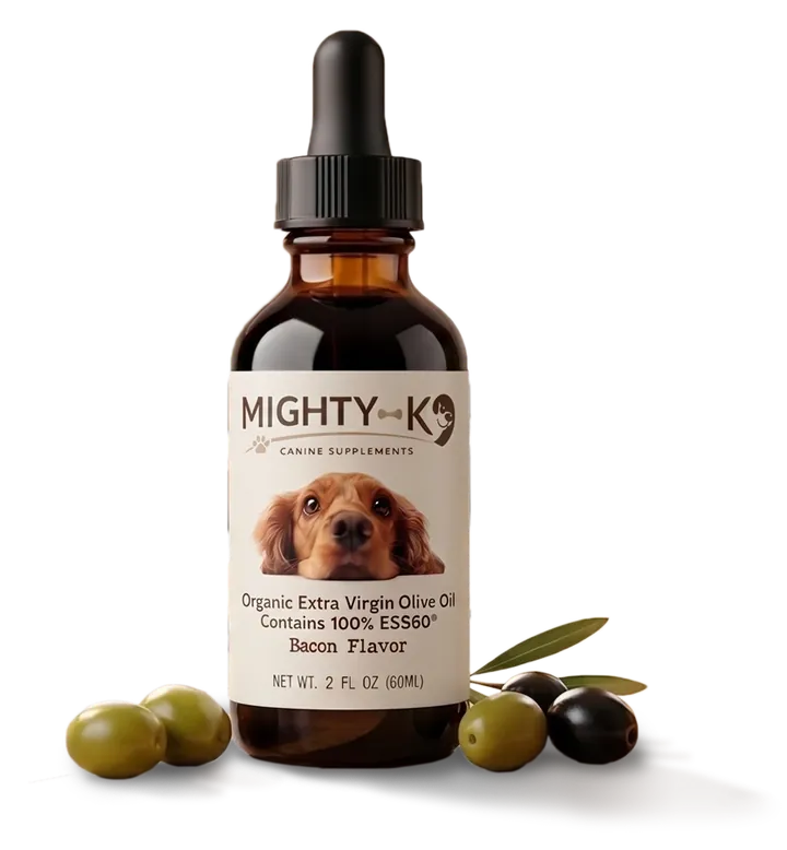 Mighty K9 bottle beside green and black olives and an olive branch